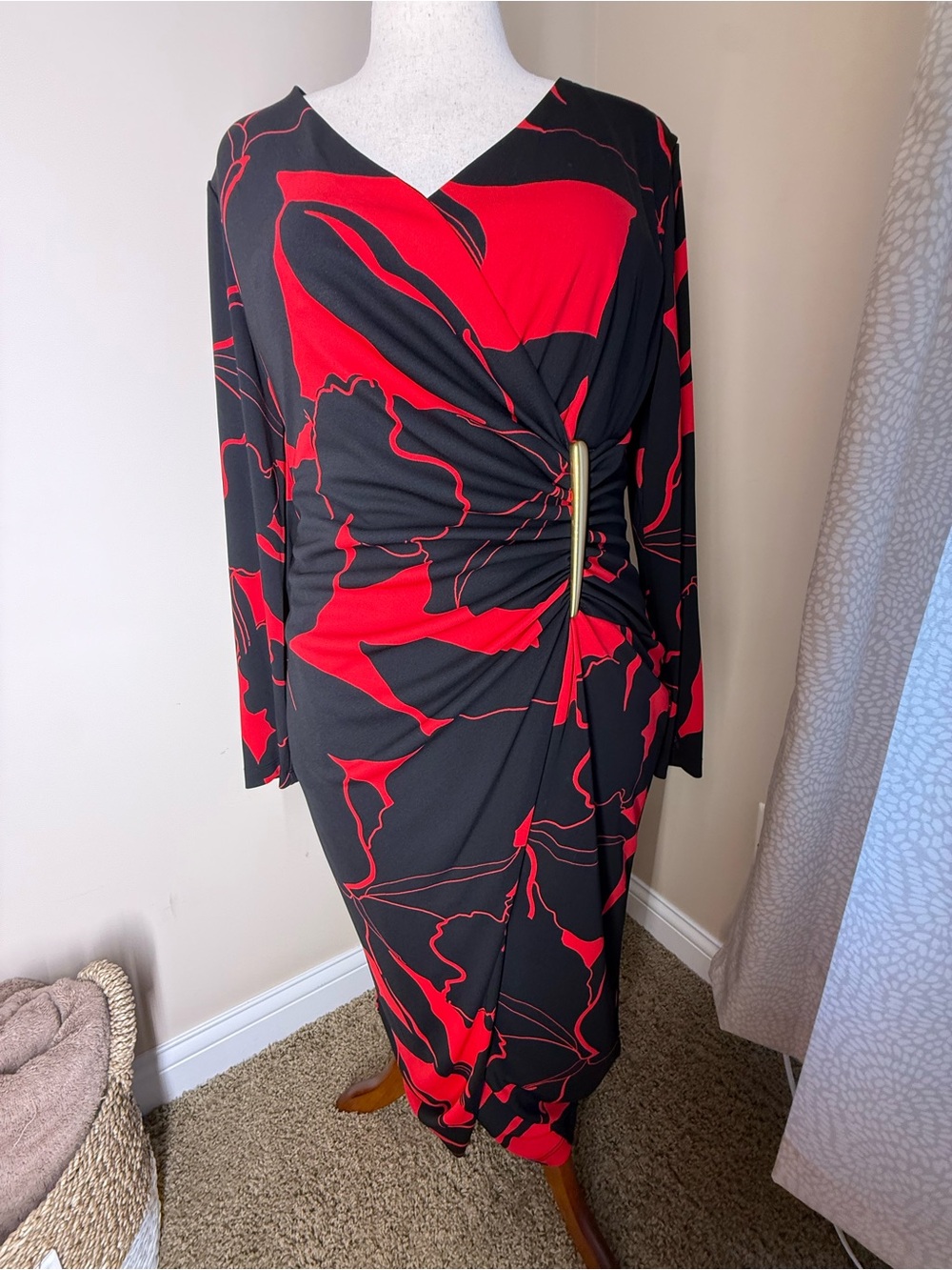 Donna Karan Black Dress with Red Abstract Print and Gold Bar Detail
